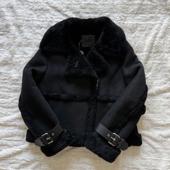 ALLSAINTS Jacket "Farley" Moto-Inspired Genuine Shearling & Suede Leather Sz Lg - Picture 4 of 16
